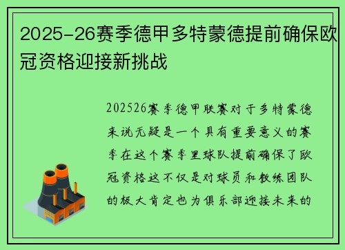 2025-26赛季德甲多特蒙德提前确保欧冠资格迎接新挑战