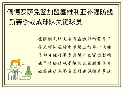 佩德罗萨免签加盟塞维利亚补强防线 新赛季或成球队关键球员